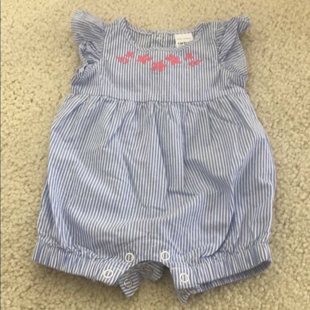 NWOT Carters Baby Blue Stripe Romper with Pink Embroidery